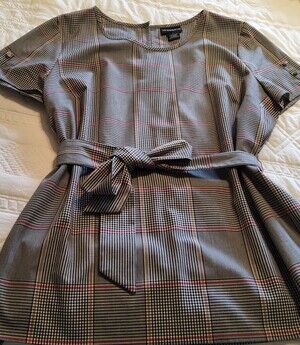 Liz Claiborne Gray Plaid Midi Blouse with Red Stripe